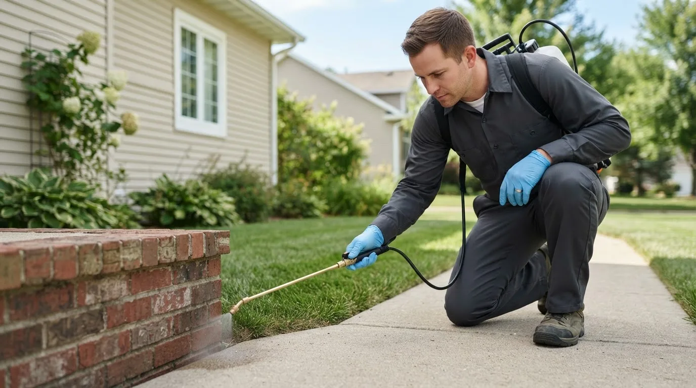 Pest control technician treating a home near Roseau, MN