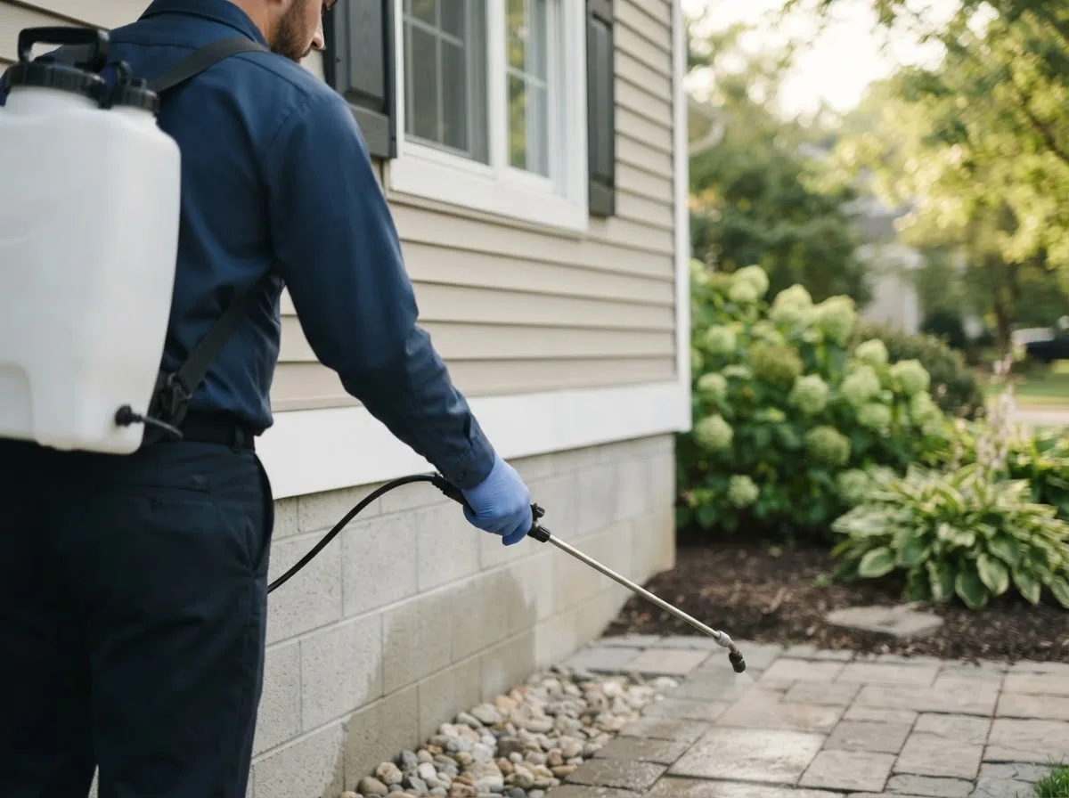Pest control technician inspecting a home in Roseau, MN